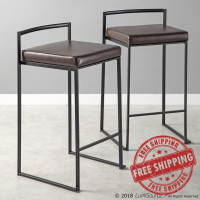 Lumisource B26-FUJI BK+BN2 Fuji Contemporary Stackable Counter Stool in Black with Brown Faux Leather Cushion - Set of 2 